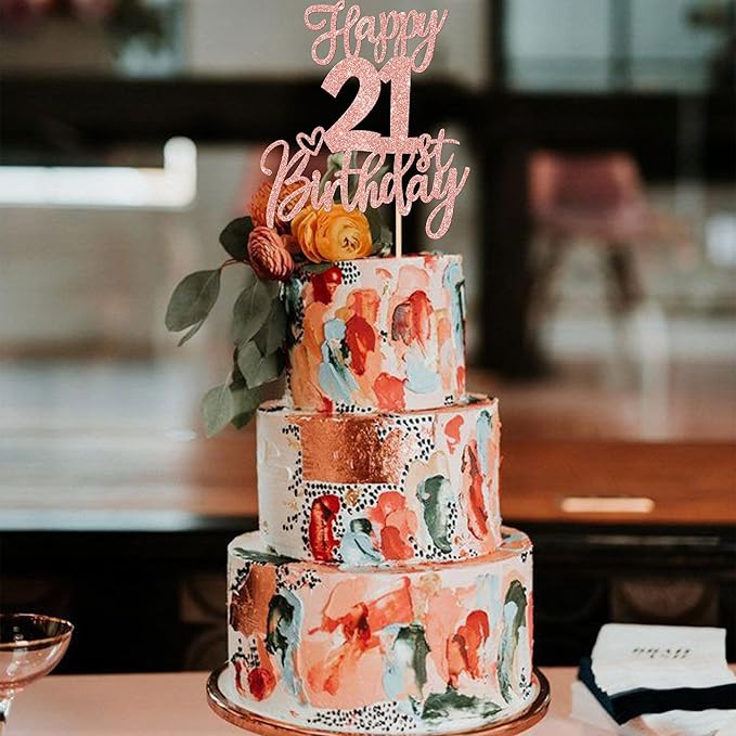 1 PCS Happy 21st Birthday Cake Topper Glitter Cheers to 21 Years Birthday Cake Pick Twenty One 21 Fabulous Cake Decoration for Happy 21st Birthday Anniversary Party Decorations Supplies Rose Gold