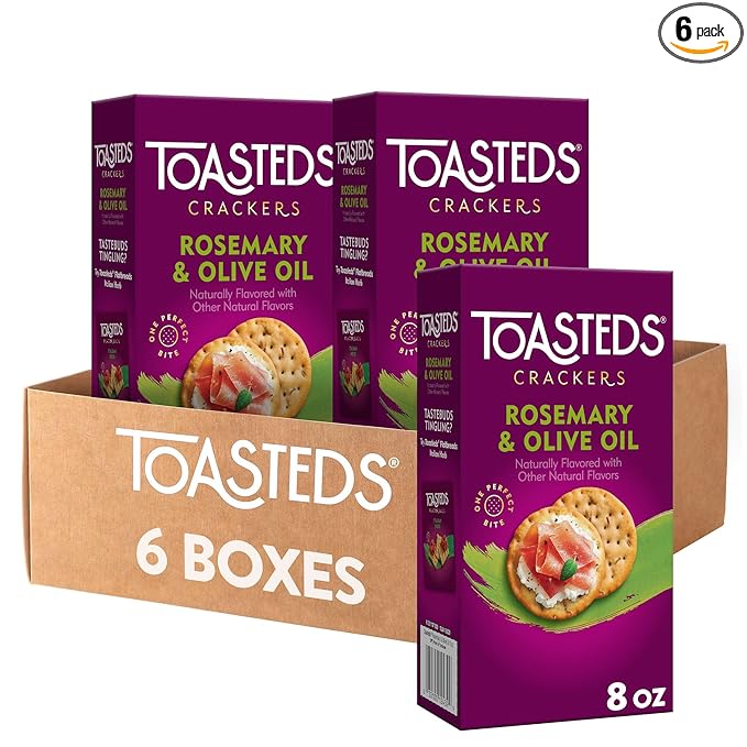 Toasteds Crackers, Party Snacks, Lunch Snacks, Rosemary and Olive Oil (6 Boxes)