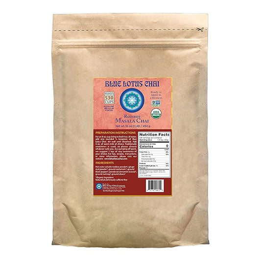 Blue Lotus Chai - Rooibos Masala Chai - Makes 530 Cups - 1 Pound Bulk Bag Masala Spiced Chai Powder with Organic Spices - Instant Indian Tea No Steeping - No Gluten