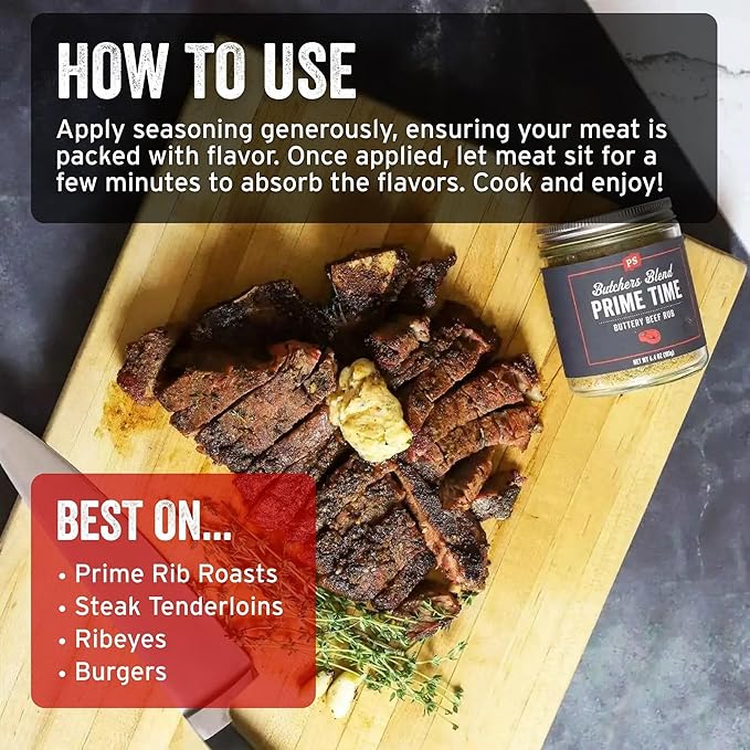 PS Seasoning Prime Time Butchers Blend - Buttery Garlic and Herb BBQ Seasoning & Beef Rub for Smoking, Grilling or Baking - Dry BBQ Rubs and Spices for Grilling Steaks, Pork, Chicken, Beef Prime Cuts