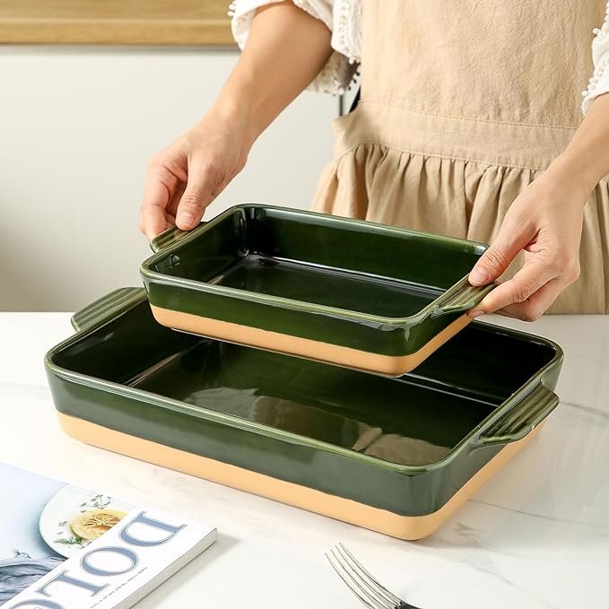 Ceramic Baking Casserole Dish with Handles, Large 9x13 inch Pan and Middle Baking Pan - Porcelain Serving Bakeware Set (Forest Green)