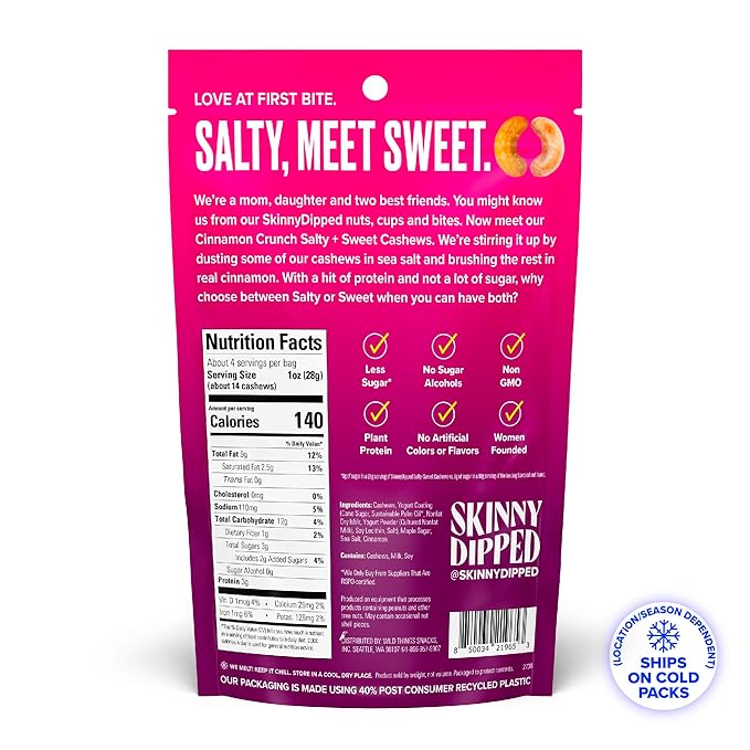SkinnyDipped Salty + Sweet Cinnamon Crunch Cashew, Healthy Snack, Plant Protein, Gluten Free, 4 oz Resealable Bags, Pack of 5