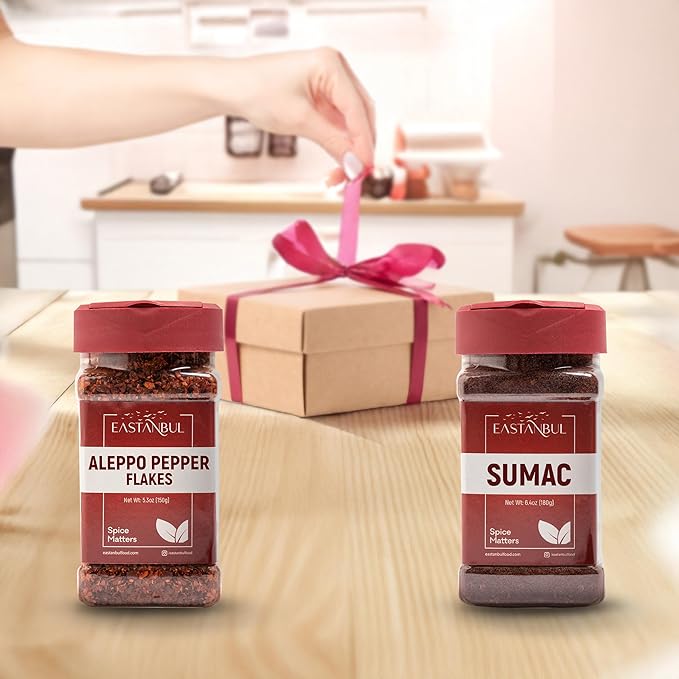 Aleppo Pepper and Sumac, Aleppo Pepper Flakes 5.3oz, Sumac Spice 6.4oz, Spice Set of Pul Biber and Sumak Seasoning, Moderate Heat Crushed Turkish Red Chili, Spice Buddies