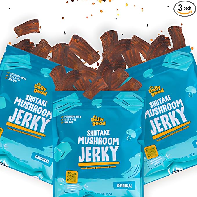 The Daily Good Mushroom Jerky - 3-Pack Snacks, Yummy High-Fiber Mushroom Snack, Meatless & Gluten-Free Food, Contains Eggs, Made from Shiitake Stalk, 0.58 lbs., Vegetarian, Original Flavor