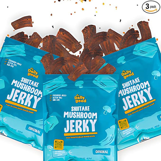 The Daily Good Mushroom Jerky - 3-Pack Snacks, Yummy High-Fiber Mushroom Snack, Meatless & Gluten-Free Food, Contains Eggs, Made from Shiitake Stalk, 0.58 lbs., Vegetarian, Original Flavor