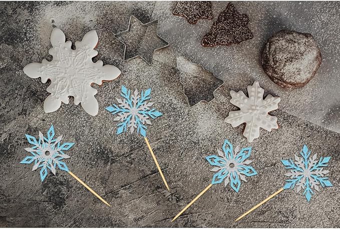 24PCS Glitter Snowflake Cupcake Toppers for Snowflake Decorations, Frozen Snowflake Cake Topper, Christmas Snowflake Cake Picks for Winter Decorations (Mix Blue)