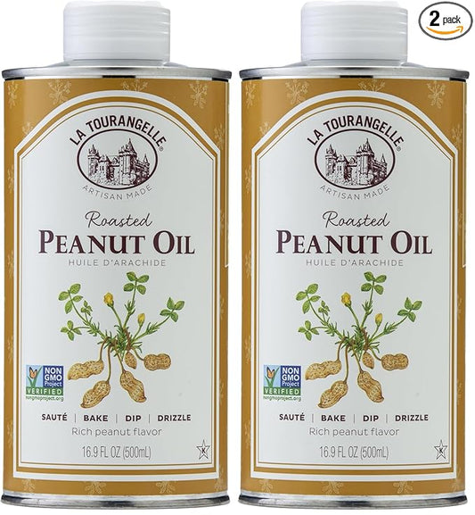 La Tourangelle, Roasted Peanut Oil, Slow Roasted Expeller-Pressed for Rich Flavor, Perfect for Cooking & Baking, Med-High Heat, Unrefined, Small Batch Production in USA, 16.9 fl oz (Pack of 2)