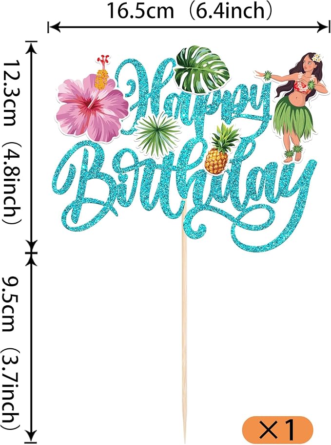 Rsstarxi 1 Pack Hawaii Luau Birthday Cake Topper Hawaiian Cake Decorations Hula Aloha Turtle Leaves Cake Pick for Summer Theme Baby Shower Birthday Tropical Party Decorations Blue