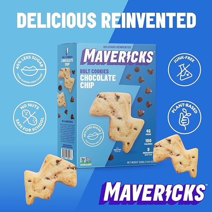Mavericks Chocolate Chip Bolt Cookies - Plant-Based Chocolate Chip Cookies, Healthy, Plant Based Snack for Kids, Nut Free, 40% Less Sugar - 7 oz Box (1 Pack)