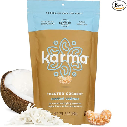 Toasted Coconut Air Roasted Whole Cashews by Karma Nuts, Lightly Sweetened, Peanut-Free Facility, Kosher, Everyday Nut Snack, 7oz Resealable Bag - 6 pack