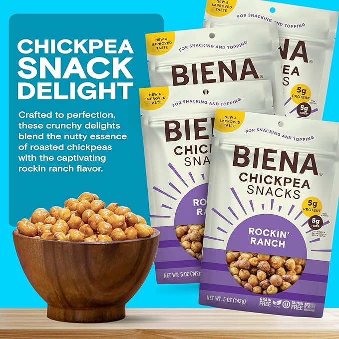 BIENA Chickpea Snacks - Crunchy Roasted Chickpeas - High Fiber Vegan Protein Snacks for Adults and Kids - 4-Pack, 5 Ounce Bags - Rockin??Ranch