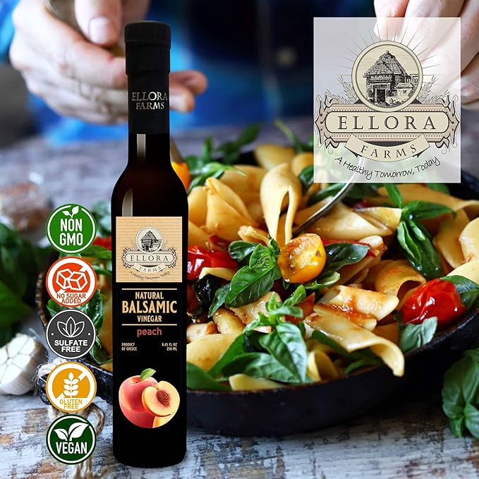 Ellora Farms, Peach fruit Infused Greek Balsamic Vinegar, thick and creamy, no-added sugars, no-preservatives, 8.45 oz. bottle, Pack of 1