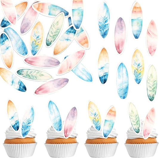 60 Pack Edible Surfboard Cupcake Toppers Wafer Paper Surfboard Palm Tree Coconuts Cupcake Picks Holiday Beach Surf Cake Decorations for Summer Beach Theme Birthday Party Supplies