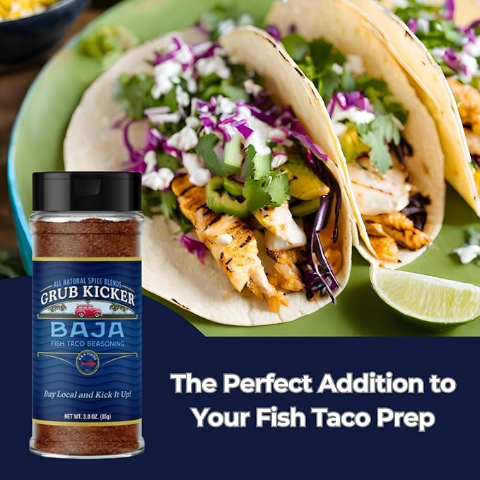 Grub Kicker Fish Taco Seasoning Baja Blend - 3 oz Bottle - Taco Seasoning Mix Spice for Seafood, Shrimp, and Tex Mex Dishes - Use to Season Fish Tacos, Burritos, and Mexican Food