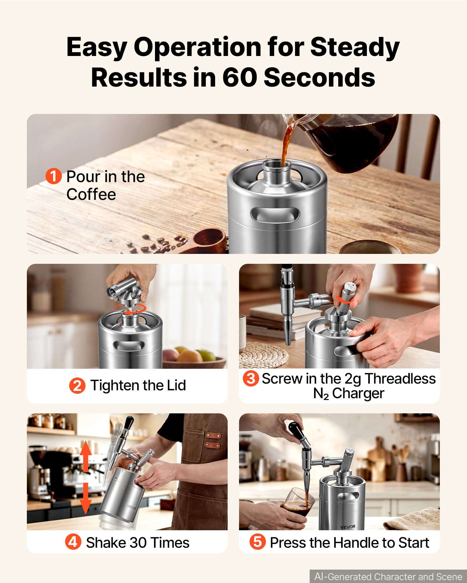 VEVOR Nitro Cold Brew Coffee Maker 68 oz Nitrogen Dispenser System, Home Brew Coffee Keg, Portable
