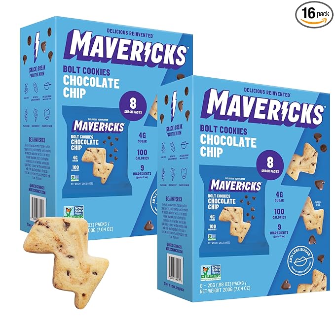 Mavericks Chocolate Chip Bolt Cookies - Plant-Based Chocolate Chip Cookies, Healthy, Plant Based Snack for Kids, Nut Free, 40% Less Sugar - Back to School - 2 Boxes (16 Pouches)