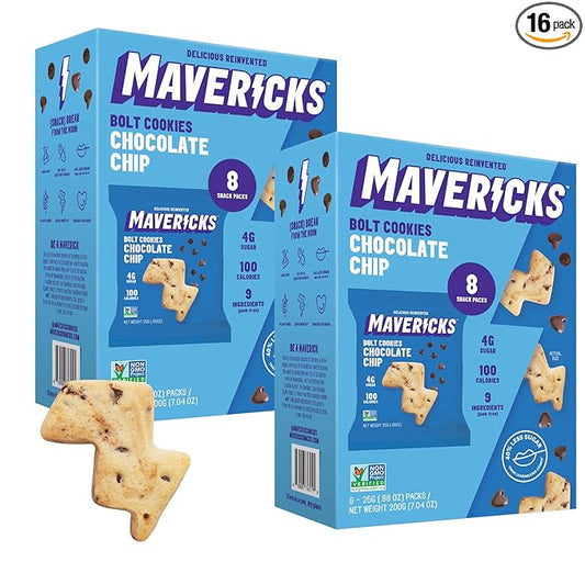 Mavericks Chocolate Chip Bolt Cookies - Plant-Based Chocolate Chip Cookies, Healthy, Plant Based Snack for Kids, Nut Free, 40% Less Sugar - Back to School - 2 Boxes (16 Pouches)