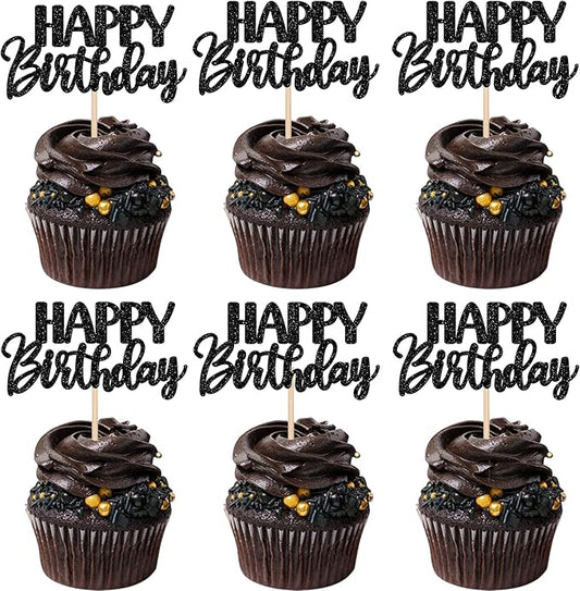 30 PCS Happy Birthday Cupcake Toppers Glitter Happy Birthday Cupcake Picks for Celebrating Birthday Anniversary Theme Party Cake Decorations Supplies Black