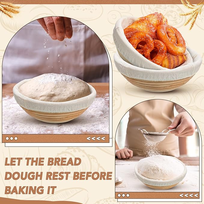 Gejoy Banneton Bread Proofing Basket Set of 8, Round Sourdough Bread Baking Bowl Kit with Cloth Liners and Dough Scrapers Natural Rattan Banneton Sourdough Bowl Basket for Bakers(9 Inch)