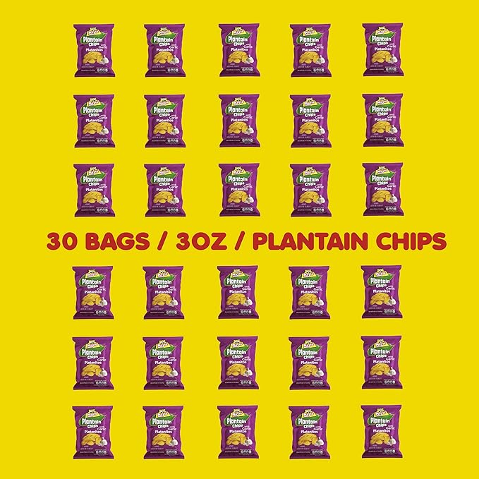 Mayté Garlic Plantain Chips – 30 Individual Packs (3oz Each) – Crunchy, Savory, and Healthy Snacks Made from Real Plantains – Non-GMO, Gluten-Free, Kosher – No Preservatives or Artificial Colors