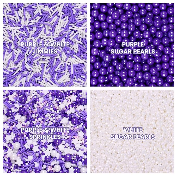 Sprinkles for Cake Decorating Edible Purple and White Jimmies Nonpareils Sugar Pearl Sprinkles Mix for Cookie Ice Cream Candy Chocolate Baking Cupcake Topping