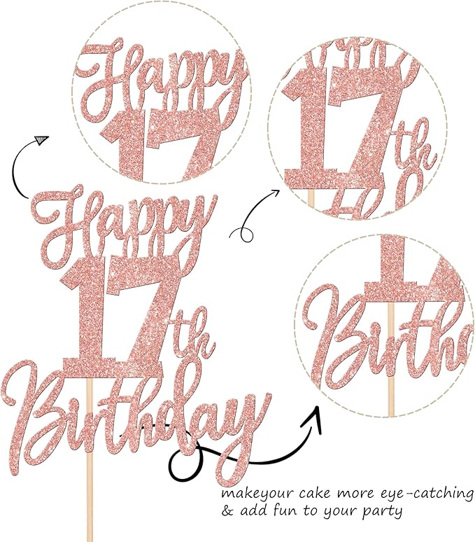 1 PCS Happy 17th Birthday Cake Topper Glitter Cheers to 17 Years Birthday Cake Pick Seventeen Hello 17 Cake Decoration for Happy 17th Birthday Anniversary Theme Party Decorations Rose Gold