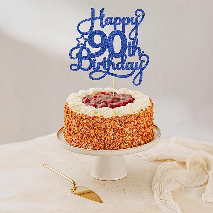 1 Pack Happy 90th Birthday Cake Topper Blue Glitter 90 & Fabulous Cheers to 90 Years Old Birthday Cake Pick for Celebrating 90th Birthday Anniversary Party Cake Decorations Supplies