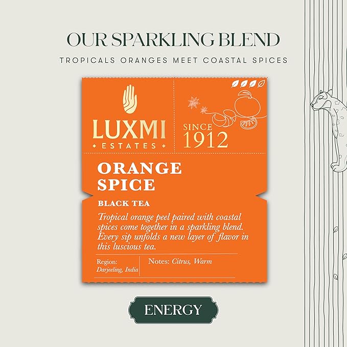 Luxmi Estates Orange Spice Black Tea 50 Tea Bags (100g) Pack | Certified Organic Black Tea | Smooth, Flavorful, Robust, Caffeinated | Darjeeling Tea from India | 50 Cups Bulk Pack