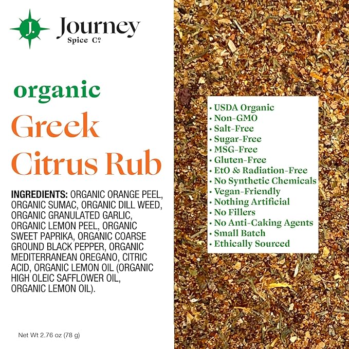 Organic Greek Citrus Rub by Journey Spice Co. | Gourmet Mediterranean Herb Spice Seasoning Blend for Fish, Chicken, Poultry, Vegetables, Potatoes, and More | MSG-Free, Salt-Free, Sugar-Free, Non-GMO | 2.76 oz. | Resealable/Reusable Cap