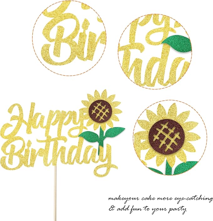 1 Pack Happy Birthday Cake Topper Glitter Sunflower Cake Pick Baby Shower Kids Birthday Summer Baby Shower Cake Decoration Party Supplies