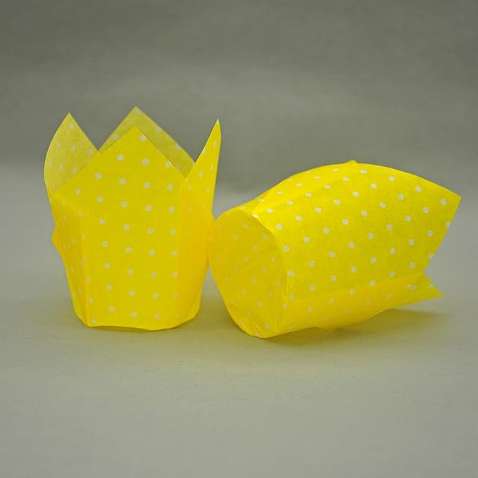 Large Muffin Greaseproof paper Baking cupcake cups, 2-1/4" x 4" Yellow printed with Polka Dot Tulip Baking Cup(Large) (125pcs)