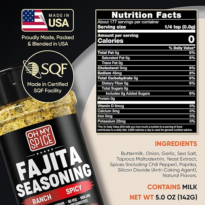 Fajita Seasoning Mix Spicy Ranch Seasoning Powder - Gluten Free & Low Sodium Mexican Seasonings Blend for Meat, Vegetables, Steak & Chicken Fajita. Hot Ranch Fajitas Seasonings Spices. Taco Mix. 5oz