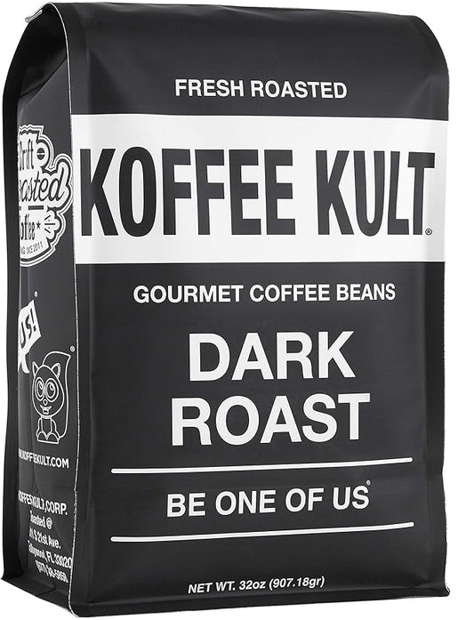 Koffee Kult Dark Roast Whole Bean Coffee - Small Batch 100% Arabica Gourmet Blend, Smooth and Well Balanced Artisan Roasted in 32oz Resealable Package