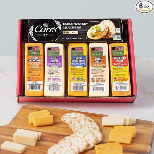 Wisconsin Cheese Company - Specialty Wisconsin Cheese & Cracker Gift Box - 100% Wisconsin Gouda, Smoked Cheddar, Salami, Tomato Basil Cheddar, Swiss (Pack of 5 Blocks) | Perfect for Parties, Charcuterie Boards and Birthdays