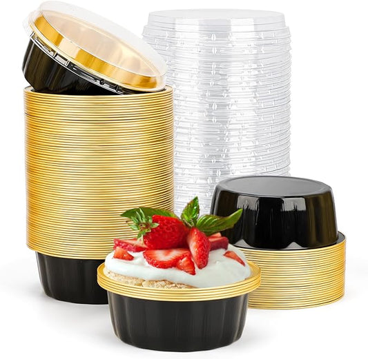 Beasea Disposable Ramekins 8oz, 100 Pack Black Gold Aluminum Foil Cups with Lids, Disposable Creme Brulee Muffin Cupcake Baking Cup Mini Pudding Cups for Party Wedding Birthday