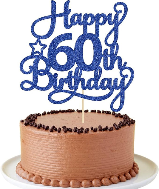 1 Pack Happy 60th Birthday Cake Topper Blue Glitter 60 & Fabulous Cheers to 60 Years Old 60th Birthday Cake Pick for Celebrating 60th Birthday Anniversary Party Cake Decorations Supplies