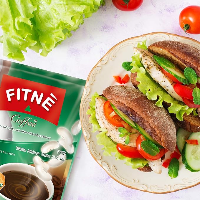 FITNE Instant 3 In 1 Coffee Packets Mix With White Kidney Bean Extract L-Lysine Vitamin B1 B2 B6 Smooth Blend No Sugar Sucralose Sweetener, 10 Sticks