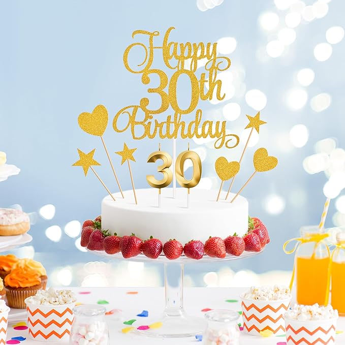 30th Birthday Cake Toppers, 30th Birthday Candles Numeral Candles and Glitter Cake Decorations Toppers Set for Party Supplies (Gold)