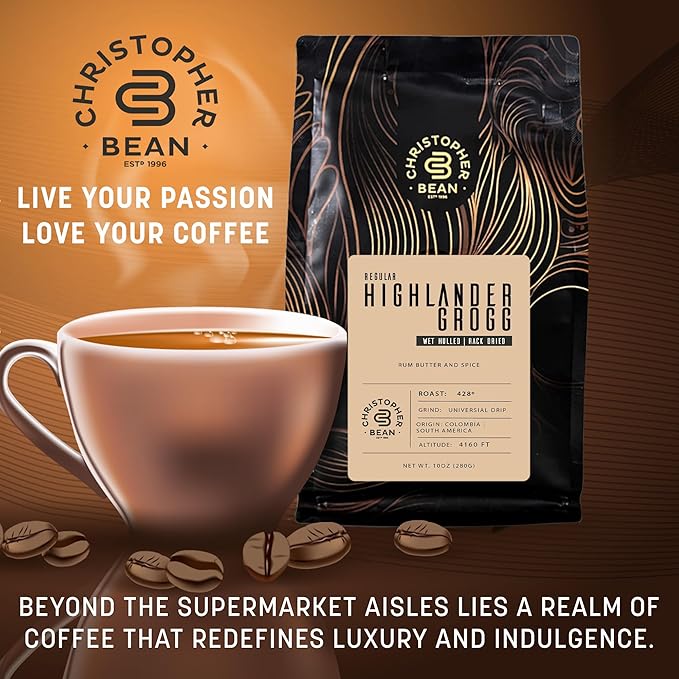 Christopher Bean Coffee - Certified Kosher - Regular Ground Universal Drip Highlander Grogg Flavored Coffee with Medium Roast | Highlander Grogg Coffee No Sugar with 100% Arabica, No Fats, Non-GMO | 10-Ounce