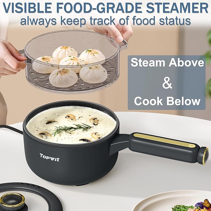 TOPWIT Hot Pot Electric with Steamer, 2L Multifunctional Electric Pot, Non-Stick Saut챕 Pan, Portable Pot for Steak, Fried Rice, Ramen, Soup with Dual Power Control (Silicone Spatula Included), Grey