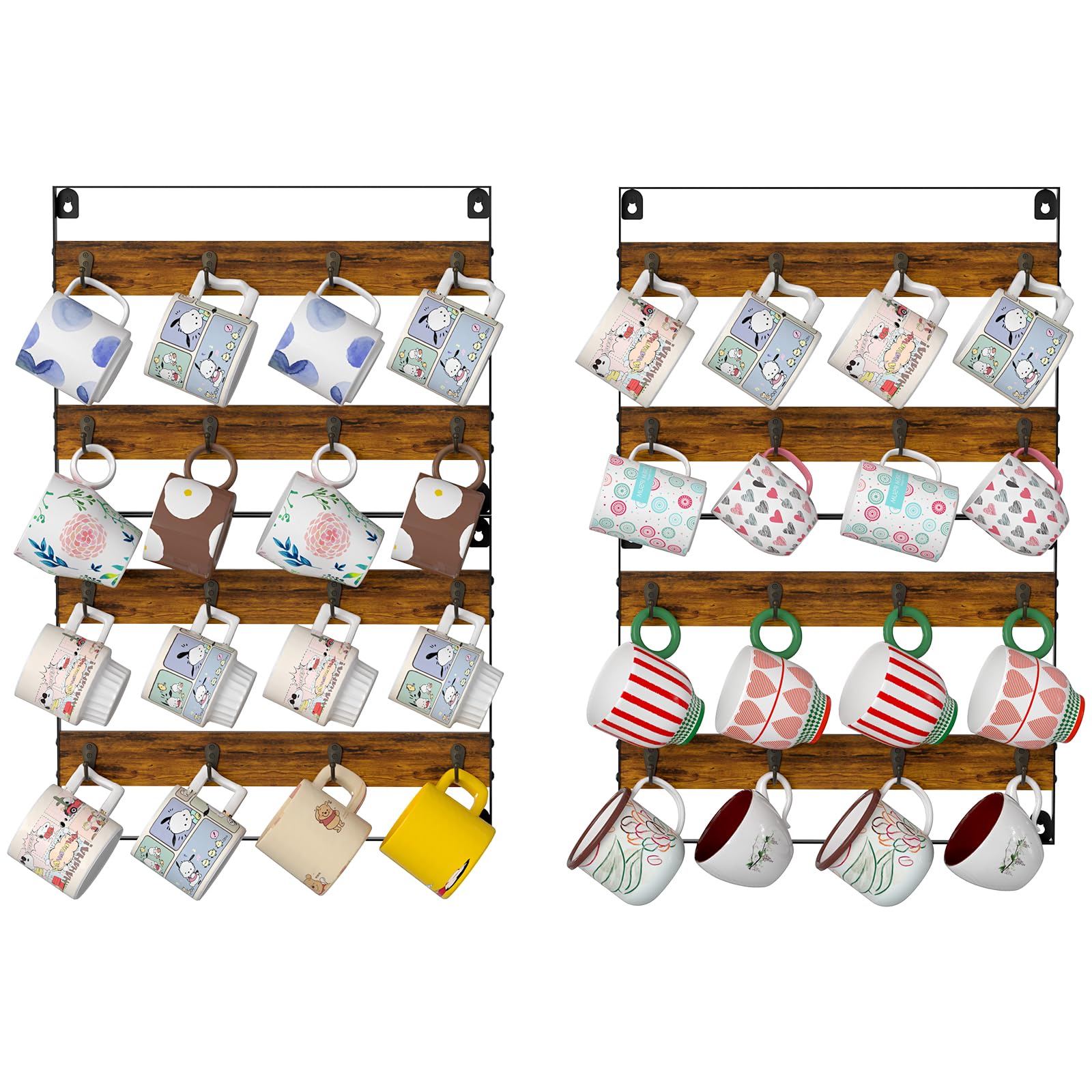 Rustic Wood Coffee Mug Rack - Wall Mount Cup Holder Shelf Storage for Kitchen, Home, Bar, Office (4