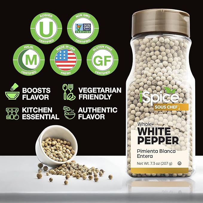 iSpice Whole White Peppers Spices and Seasonings for Cooking, 7.3Ounce White Peppercorns Seasoning, Fine And Gluten Free Whole pepper white Seasoning (208g-Pack Of 1)