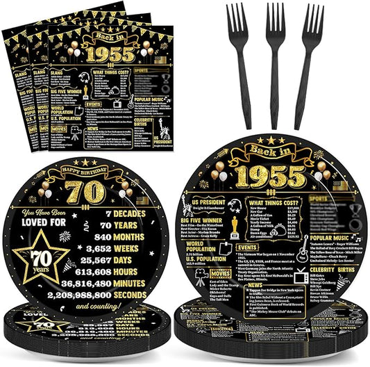 96Pcs 70th Birthday Plates and Napkins Back in 1955 Party Decorations Black Gold 70 Year Old Party Dessert Plates 1955 Tableware for 24 Guests 70th Theme Men Woman Birthday Supplies