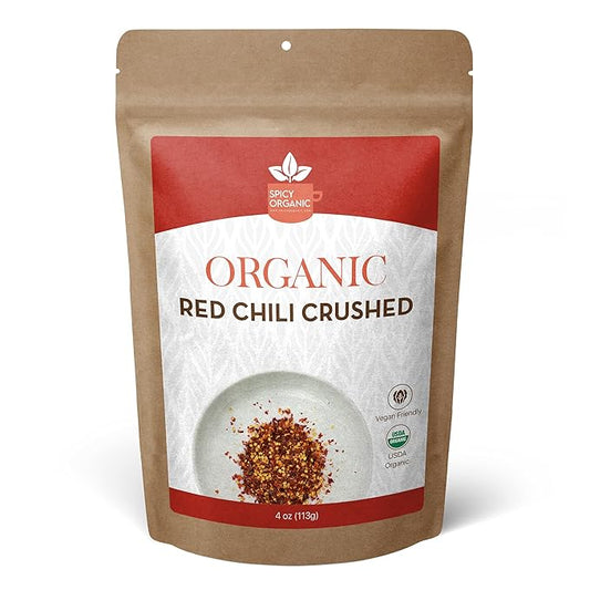 SPICY ORGANIC Crushed Red Pepper Flakes 4 oz. - Robust Chili Peppers Seasoning Spice - USDA Organic, Kosher, Non-GMO- Ideal for Pizza, Pastas, Salads, Sauces, Stews, Marinades and Pickled Vegetables