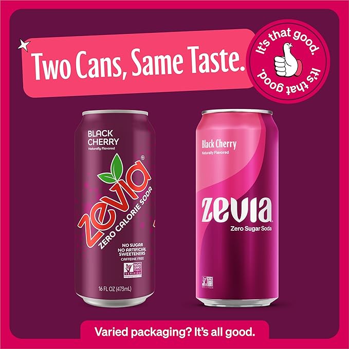 Zevia Zero Sugar Soda, Black Cherry, 16 oz Cans (12-Pack) ??Naturally Sweetened, Non-GMO Project Verified, Gluten-Free, Vegan