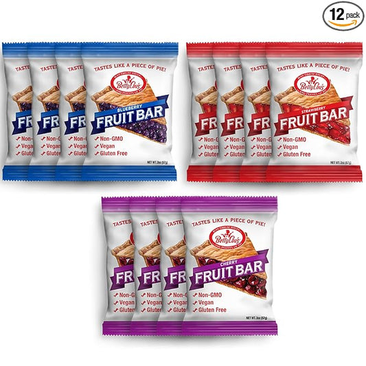 Betty Lou's Fruit Bars Variety Pack, Gluten Free Snacks for Adults and Kids, 4 Flavors of Vegan Breakfast & Cereal Bars, Blueberry, Strawberry, and Cherry, 12 Pack
