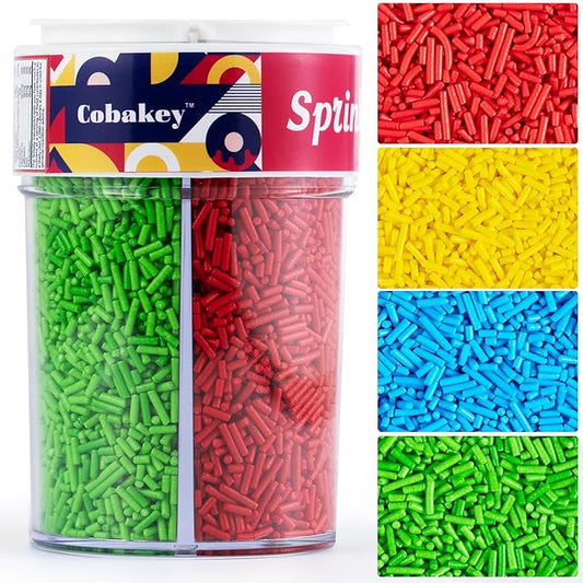 Rainbow Sprinkles for Cake Decorating 4 cell Edible Jimmies Mix Blue Red Green Yellow Sprinkles for Baking Ice Cream Cookies Cupcake Topper 6.5 ounces