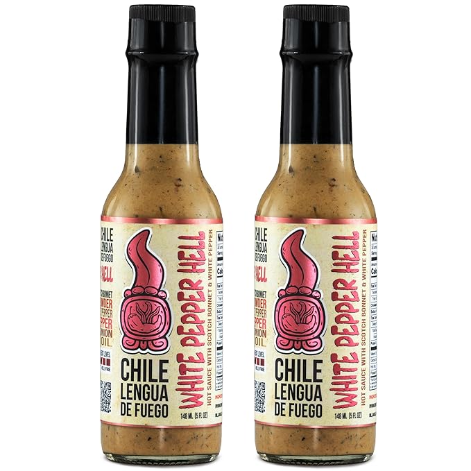 Hot Sauce | Chile Lengua de Fuego (Pack of 2, White Pepper Hell) – Super Hot White Pepper & Garlic Sauce with Thyme & Smoked Onion, Gourmet Honduran Heat