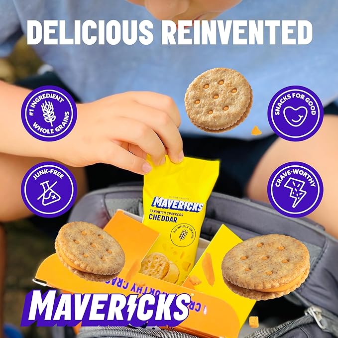 Mavericks Sandwich Crackers Cheddar - Cheese Filled Whole Grain Sandwich Cracker Snack Packs, Non-GMO - 2 Boxes (12 Snack Packs)