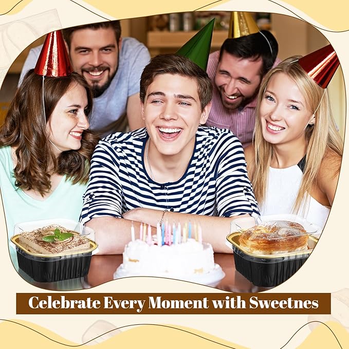 200 Pack 5 oz Square Baking Cups with Lids Aluminum Foil Mini Cake Pans with Lids Disposable Ramekins Tins Dessert Containers Cupcake Pans for Pudding Souffle Wedding Birthday Party Picnic